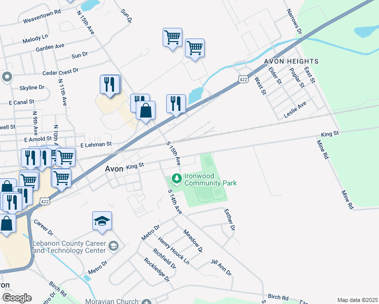 map of restaurants, bars, coffee shops, grocery stores, and more near 1525 King Street in Lebanon