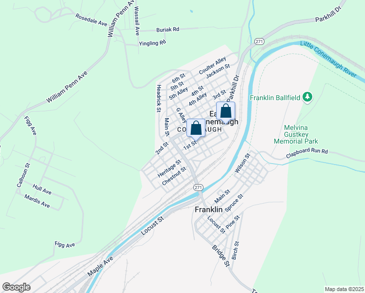 map of restaurants, bars, coffee shops, grocery stores, and more near 360 1st Street in Johnstown