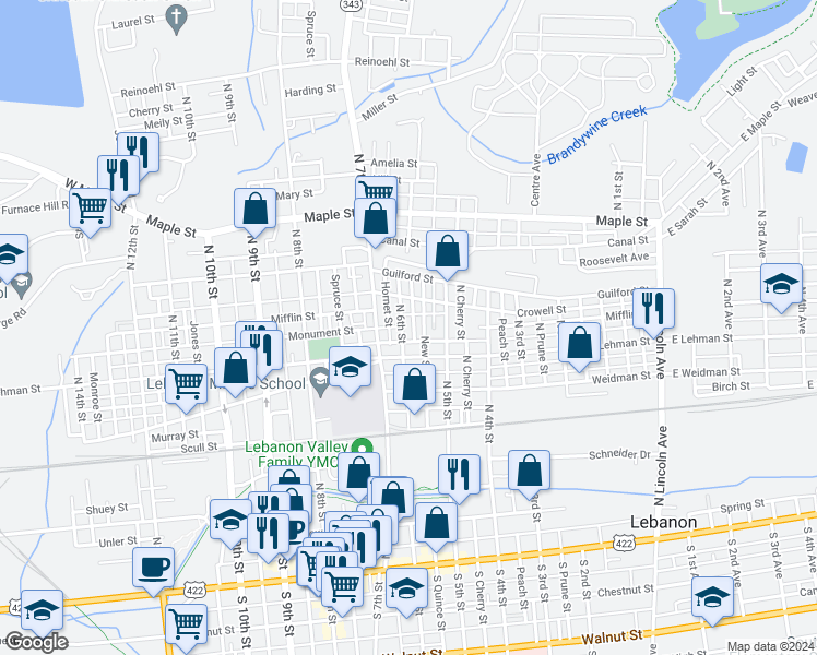 map of restaurants, bars, coffee shops, grocery stores, and more near 432 North 6th Street in Lebanon