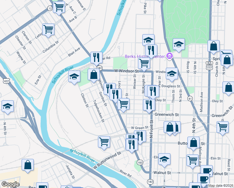 map of restaurants, bars, coffee shops, grocery stores, and more near 323 Hollenbach Street in Reading