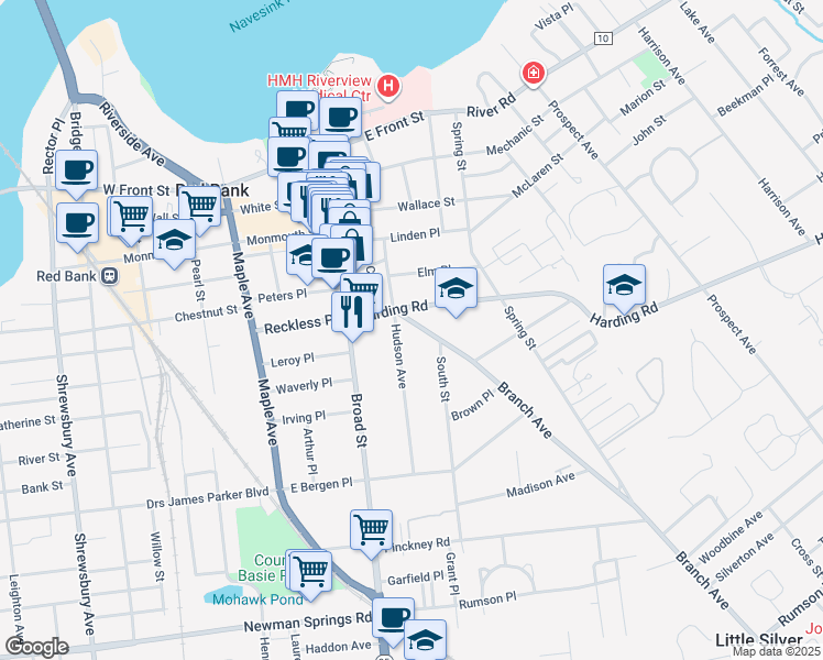 map of restaurants, bars, coffee shops, grocery stores, and more near 17 Branch Avenue in Red Bank