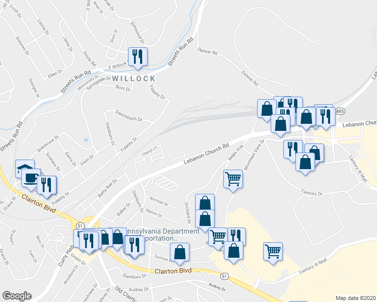 map of restaurants, bars, coffee shops, grocery stores, and more near 1501 Lebanon Church Road in Pittsburgh