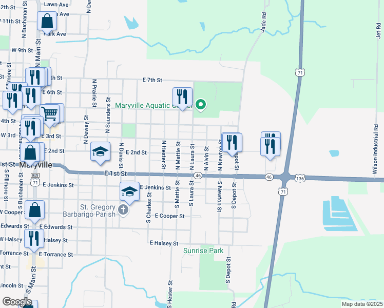 map of restaurants, bars, coffee shops, grocery stores, and more near 200 North Laura Street in Maryville