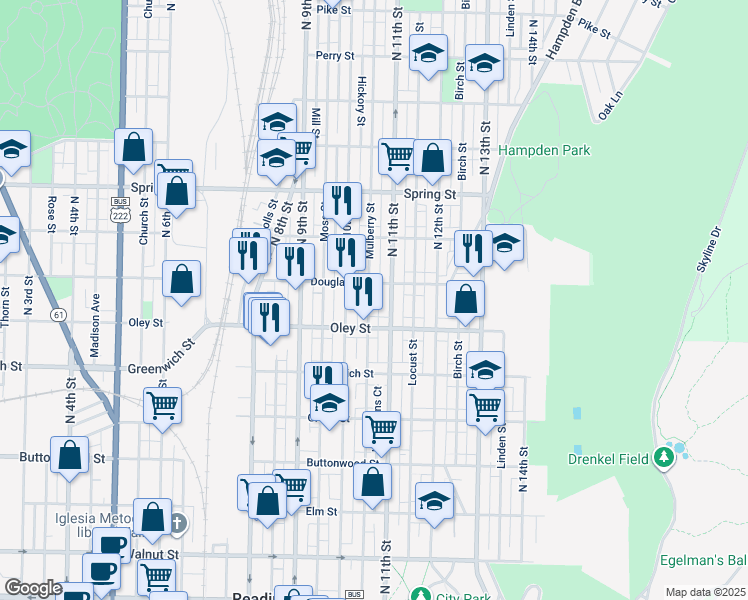 map of restaurants, bars, coffee shops, grocery stores, and more near 1040 Douglass Street in Reading