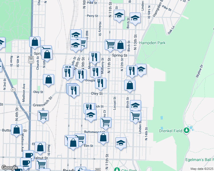 map of restaurants, bars, coffee shops, grocery stores, and more near 734 North 11th Street in Reading