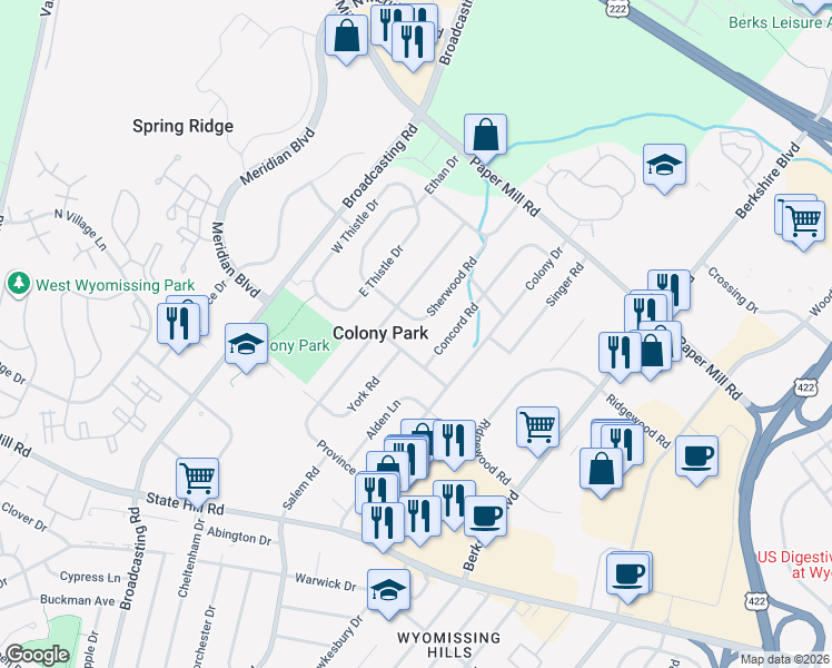 map of restaurants, bars, coffee shops, grocery stores, and more near 1653 Sherwood Rd in Reading