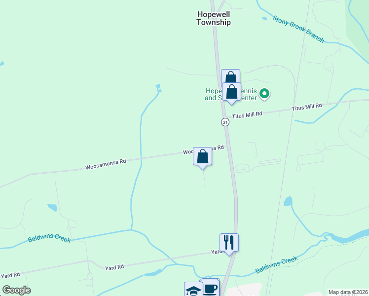 map of restaurants, bars, coffee shops, grocery stores, and more near 19 Woosamonsa Road in Pennington
