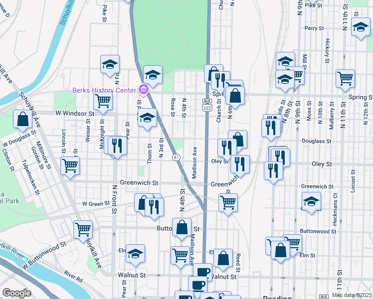 map of restaurants, bars, coffee shops, grocery stores, and more near 725 North 4th Street in Reading