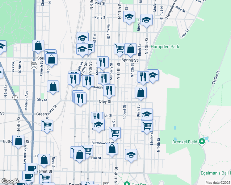 map of restaurants, bars, coffee shops, grocery stores, and more near 734 North 11th Street in Reading