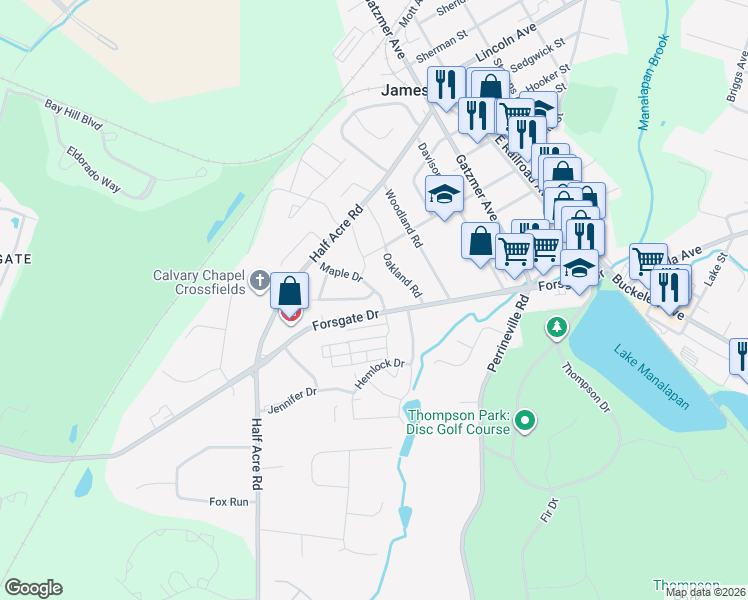 map of restaurants, bars, coffee shops, grocery stores, and more near 1 Birchwood Road in Jamesburg