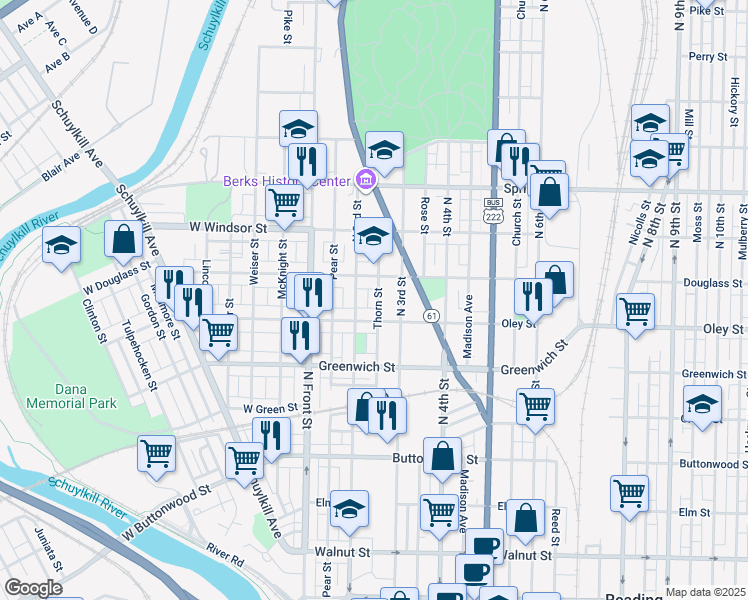 map of restaurants, bars, coffee shops, grocery stores, and more near 730 Thorn Street in Reading