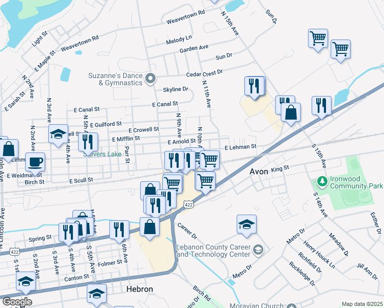 map of restaurants, bars, coffee shops, grocery stores, and more near 924 East Lehman Street in Lebanon