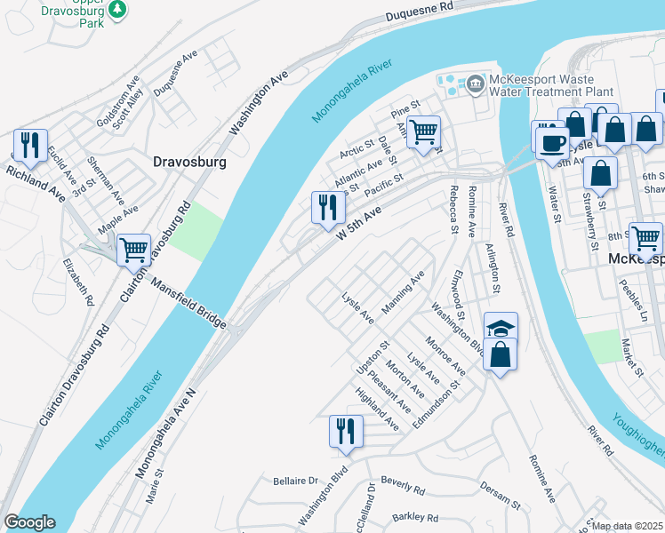 map of restaurants, bars, coffee shops, grocery stores, and more near 618 Monterey Street in McKeesport