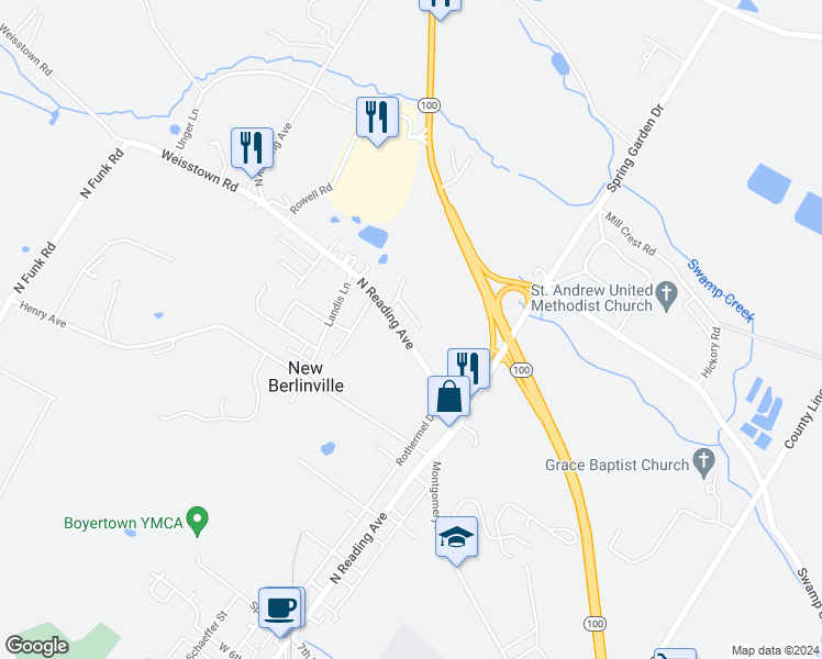 map of restaurants, bars, coffee shops, grocery stores, and more near 852 North Reading Avenue in Boyertown