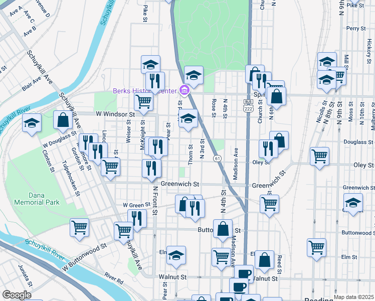 map of restaurants, bars, coffee shops, grocery stores, and more near 730 Thorn Street in Reading