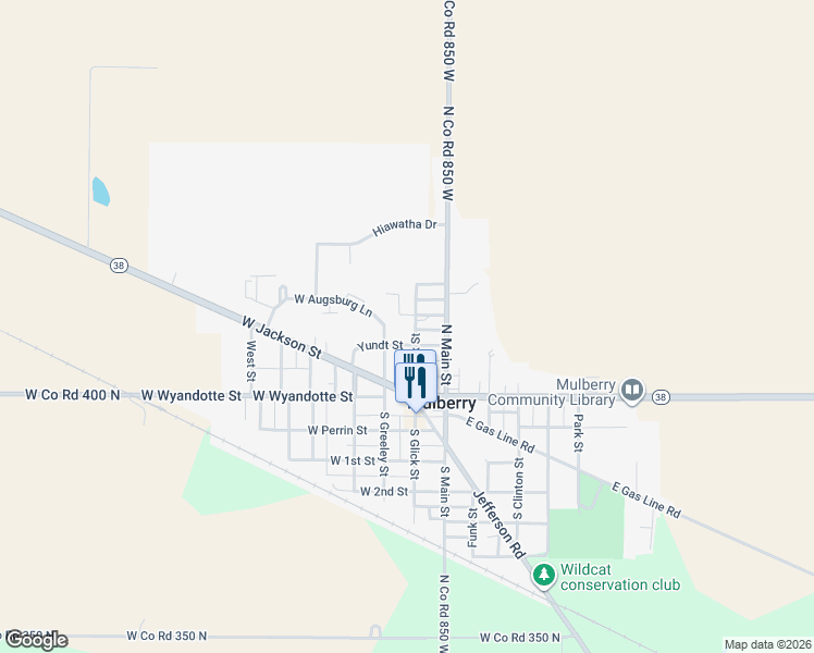 map of restaurants, bars, coffee shops, grocery stores, and more near 225 N Greeley St in Mulberry