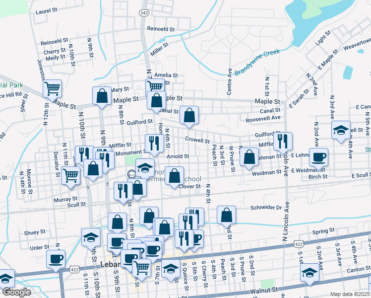 map of restaurants, bars, coffee shops, grocery stores, and more near 435 North 5th Street in Lebanon