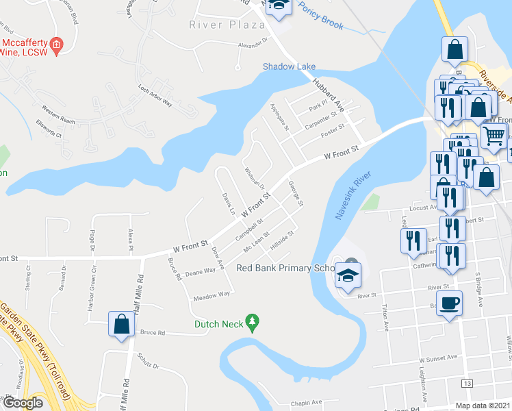 map of restaurants, bars, coffee shops, grocery stores, and more near 576 West Front Street in Red Bank