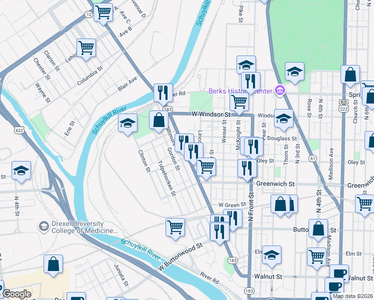 map of restaurants, bars, coffee shops, grocery stores, and more near 323 Hollenbach Street in Reading
