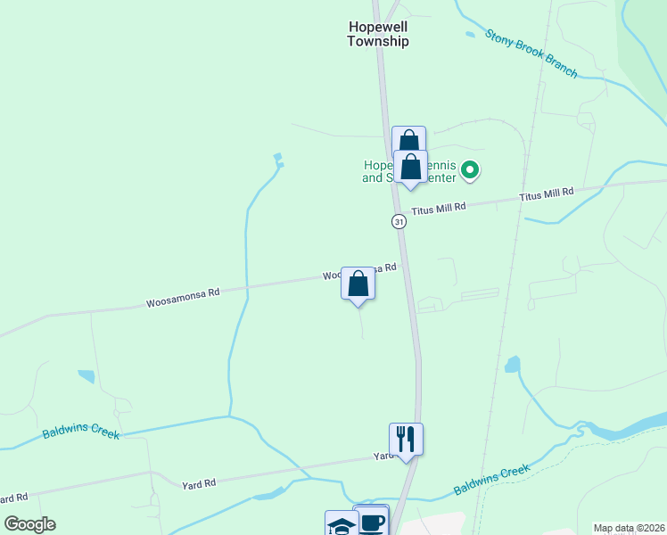 map of restaurants, bars, coffee shops, grocery stores, and more near 19 Woosamonsa Road in Pennington