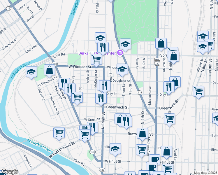 map of restaurants, bars, coffee shops, grocery stores, and more near 740 Pear Street in Reading