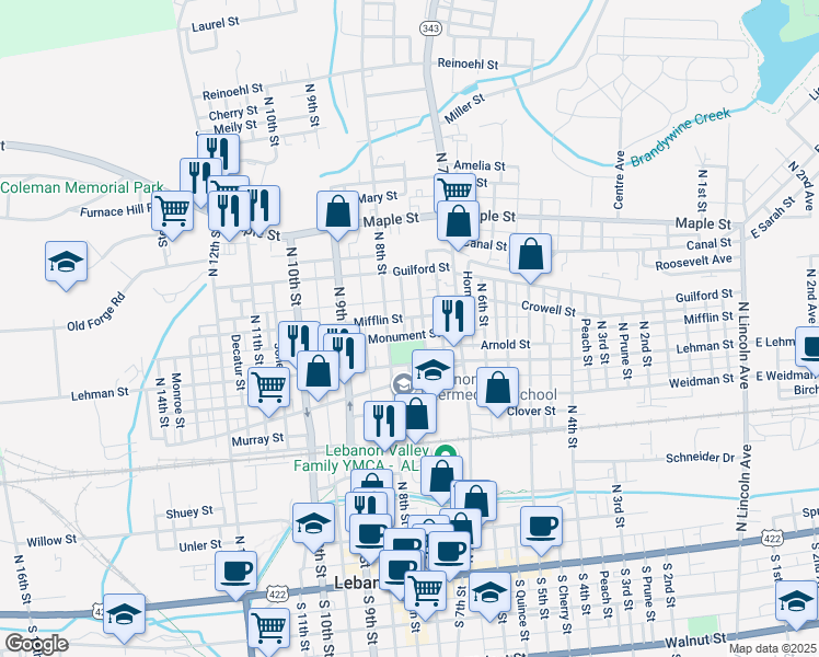 map of restaurants, bars, coffee shops, grocery stores, and more near 426 North 8th Street in Lebanon