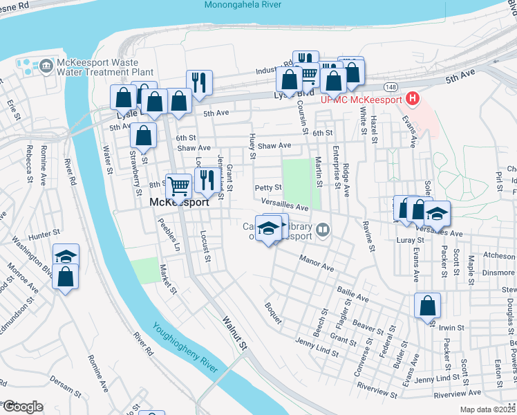 map of restaurants, bars, coffee shops, grocery stores, and more near 626 Versailles Avenue in McKeesport