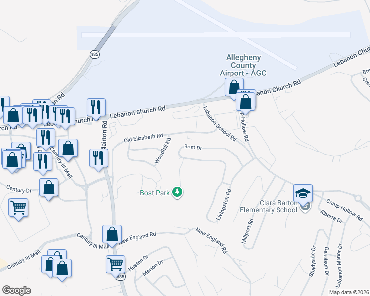 map of restaurants, bars, coffee shops, grocery stores, and more near 275 Bost Drive in West Mifflin