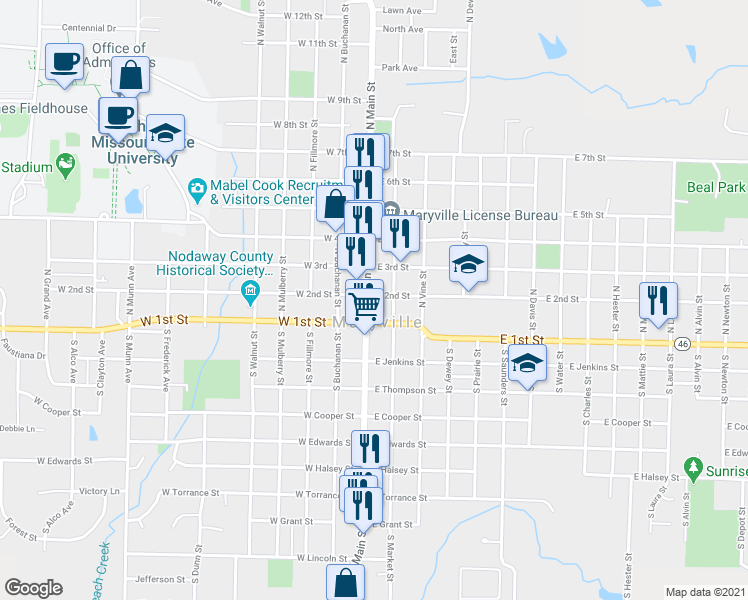 map of restaurants, bars, coffee shops, grocery stores, and more near 205 North Market Street in Maryville