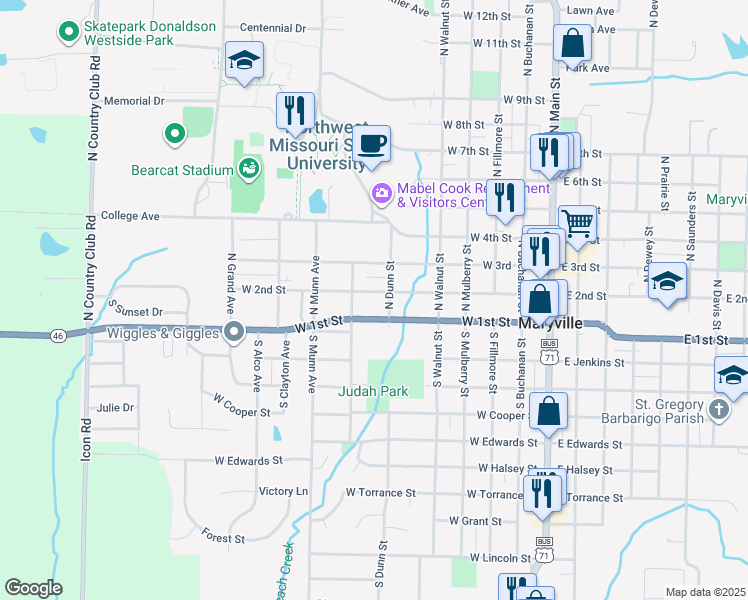 map of restaurants, bars, coffee shops, grocery stores, and more near 624 West 2nd Street in Maryville