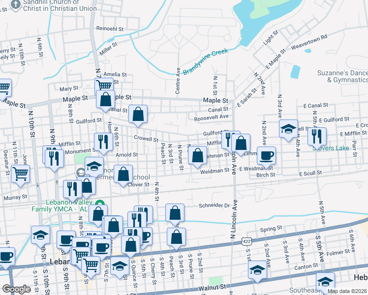 map of restaurants, bars, coffee shops, grocery stores, and more near 217 Mifflin Street in Lebanon