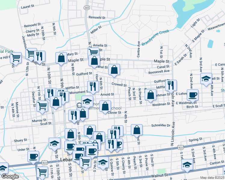 map of restaurants, bars, coffee shops, grocery stores, and more near 435 North 5th Street in Lebanon