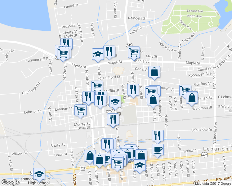 map of restaurants, bars, coffee shops, grocery stores, and more near 426 North 8th Street in Lebanon