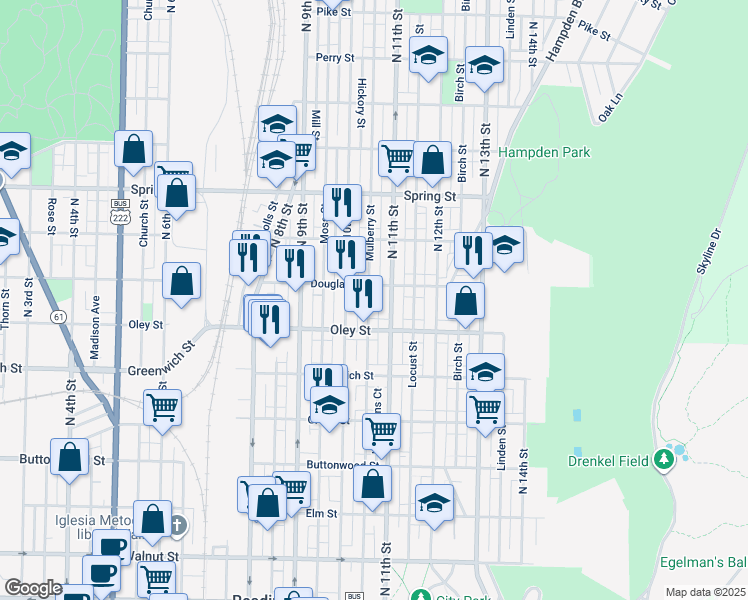 map of restaurants, bars, coffee shops, grocery stores, and more near 1040 Douglass Street in Reading