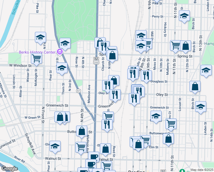 map of restaurants, bars, coffee shops, grocery stores, and more near 740 North 6th Street in Reading