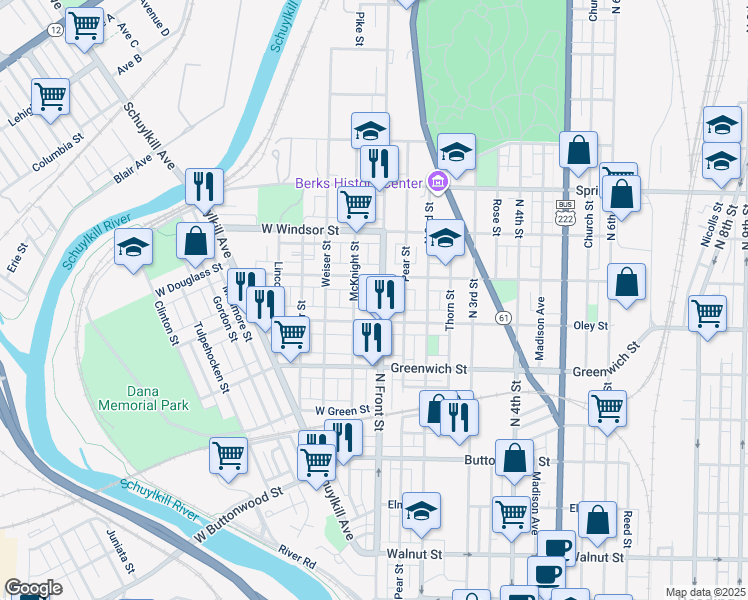 map of restaurants, bars, coffee shops, grocery stores, and more near 728 North Front Street in Reading