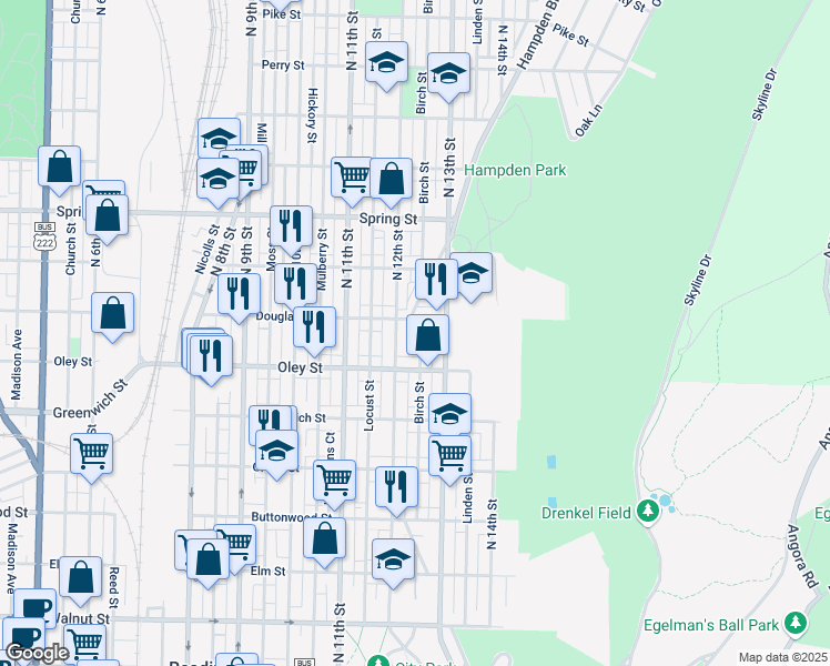 map of restaurants, bars, coffee shops, grocery stores, and more near 755 North 12th Street in Reading