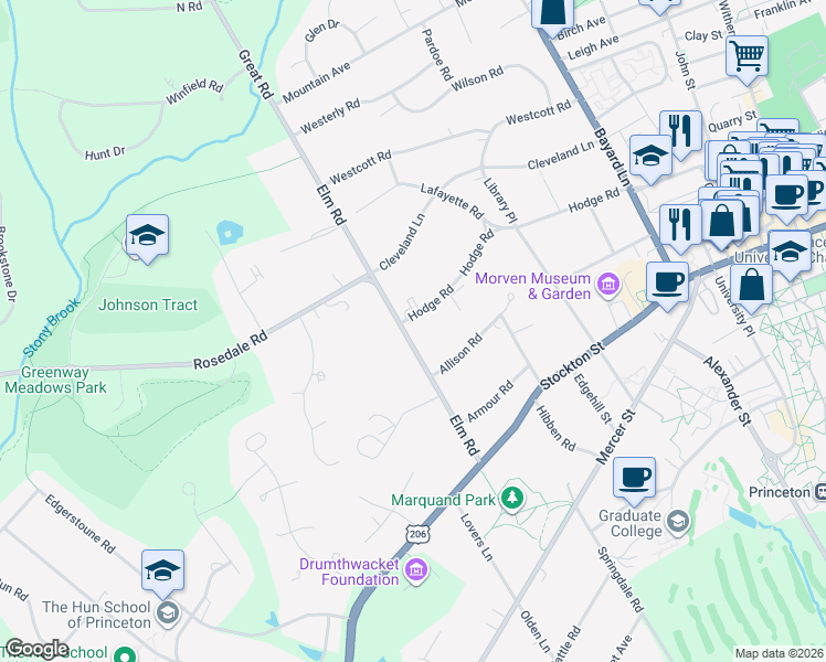 map of restaurants, bars, coffee shops, grocery stores, and more near 164 Hodge Road in Princeton
