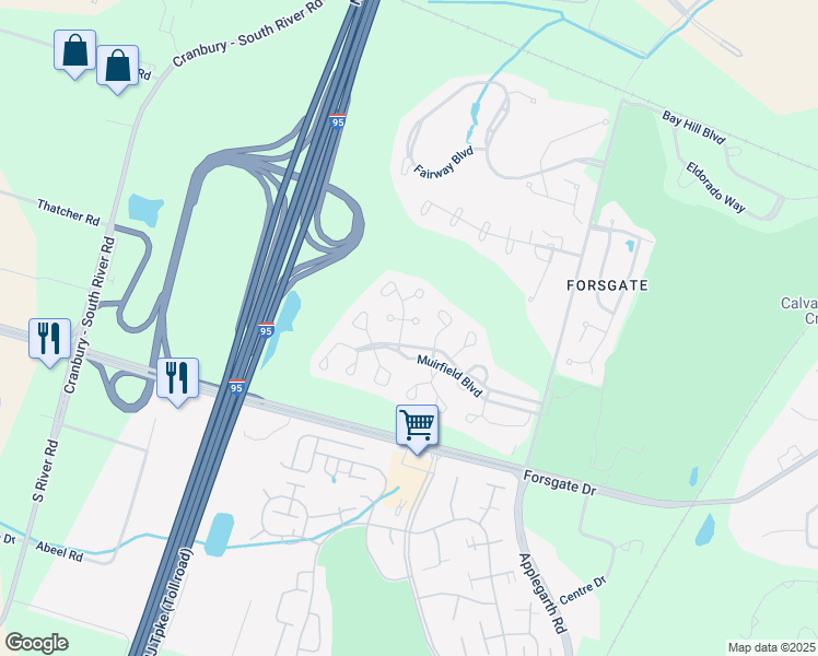 map of restaurants, bars, coffee shops, grocery stores, and more near 6 Tryall Boulevard in Monroe Township