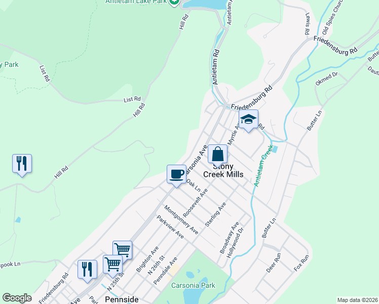 map of restaurants, bars, coffee shops, grocery stores, and more near 1350 Friedensburg Road in Reading