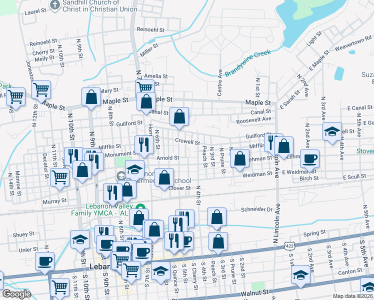 map of restaurants, bars, coffee shops, grocery stores, and more near 428 Crowell Street in Lebanon