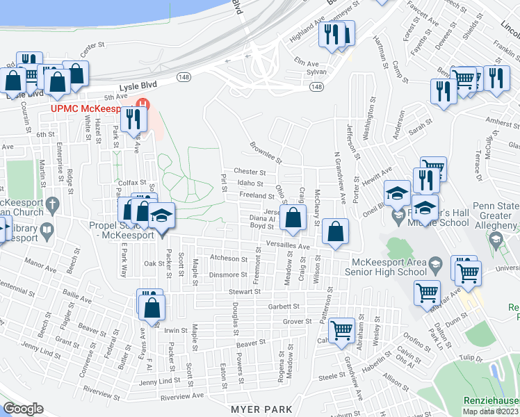 map of restaurants, bars, coffee shops, grocery stores, and more near 2923 Jersey Street in McKeesport