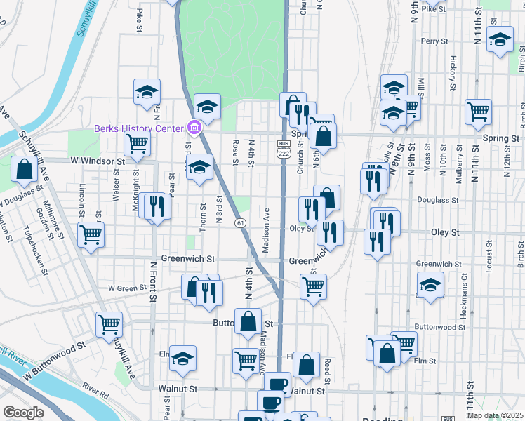 map of restaurants, bars, coffee shops, grocery stores, and more near 733 Madison Avenue in Reading