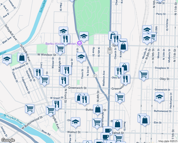 map of restaurants, bars, coffee shops, grocery stores, and more near 730 Centre Avenue in Reading