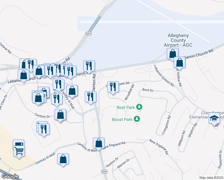 map of restaurants, bars, coffee shops, grocery stores, and more near 305 Meadowlark Ln in West Mifflin