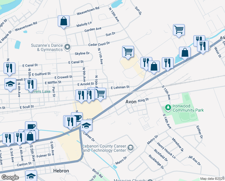 map of restaurants, bars, coffee shops, grocery stores, and more near 1104 East Lehman Street in Lebanon