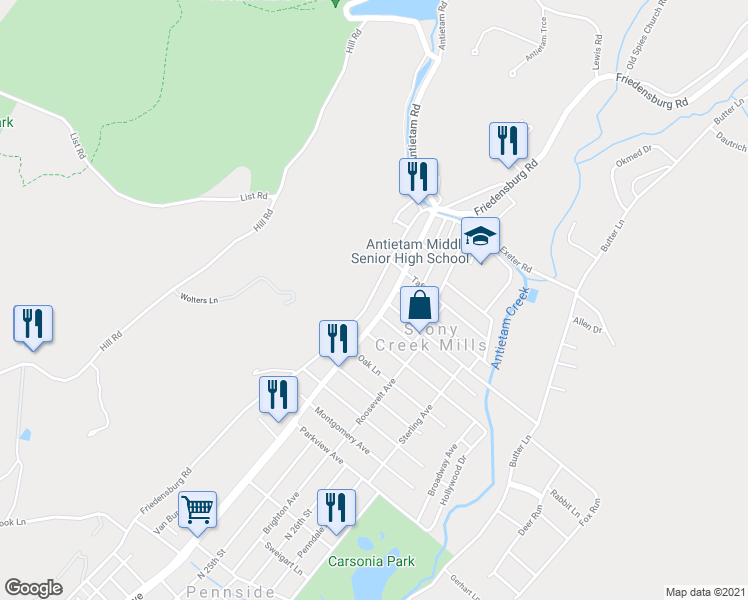 map of restaurants, bars, coffee shops, grocery stores, and more near 1351 Friedensburg Road in Reading