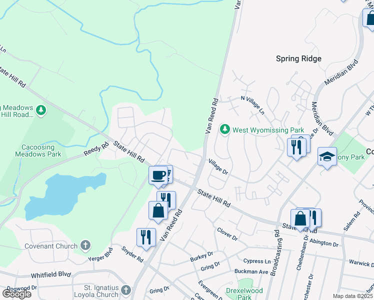 map of restaurants, bars, coffee shops, grocery stores, and more near 1900 Van Reed Road in Wyomissing