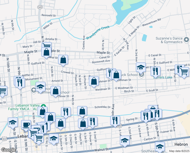 map of restaurants, bars, coffee shops, grocery stores, and more near 120 Mifflin Street in Lebanon
