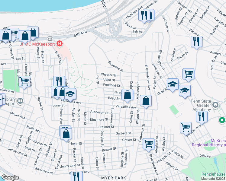map of restaurants, bars, coffee shops, grocery stores, and more near 2923 Jersey Street in McKeesport